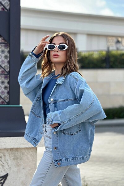 Juuuj Дамска ледено синя яка Apache, двоен джоб, висококачествен дънков плат, свободно дънково яке