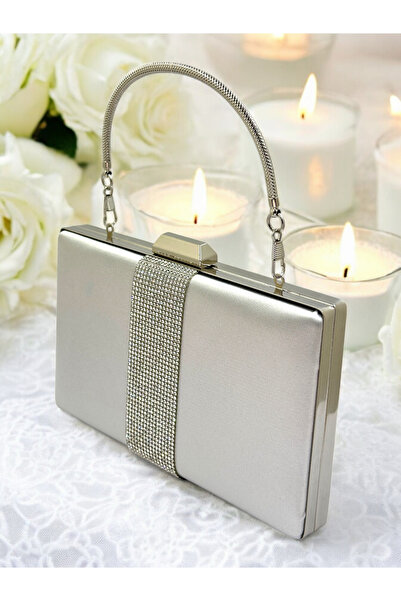 Generic Brand Silver Color Satin Silver Stone Women's Evening Dress Bag Eveni...