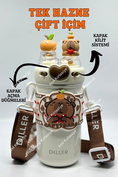 Vagonlife Languages Cute Teddy Bear Double Lid Steel Thermos 520 ml