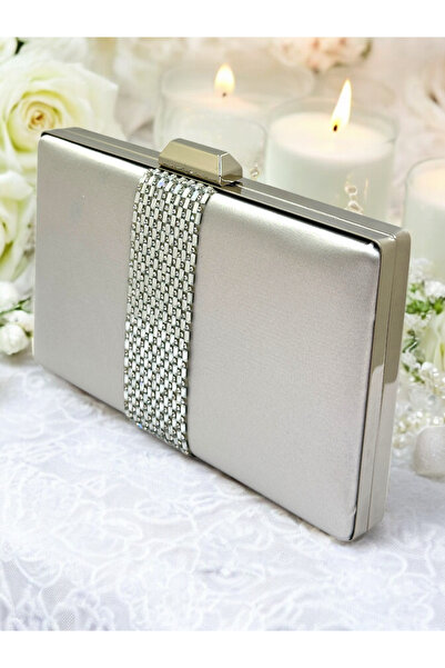 MidStore حقيبة يد نسائية فضية اللون من الساتان وحجر فضي وحقيبة مسائية