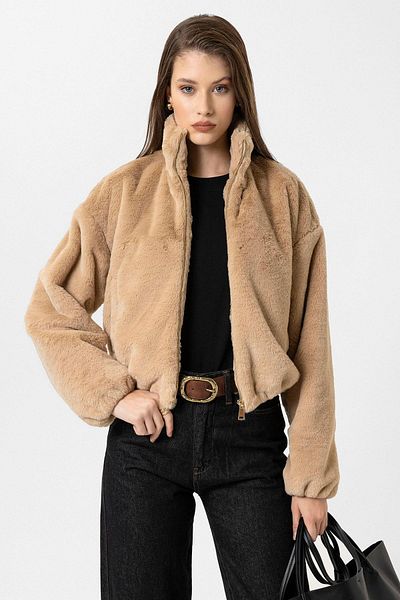 Antioch Beige Women's Faux Fur Coat with Elastic Waist