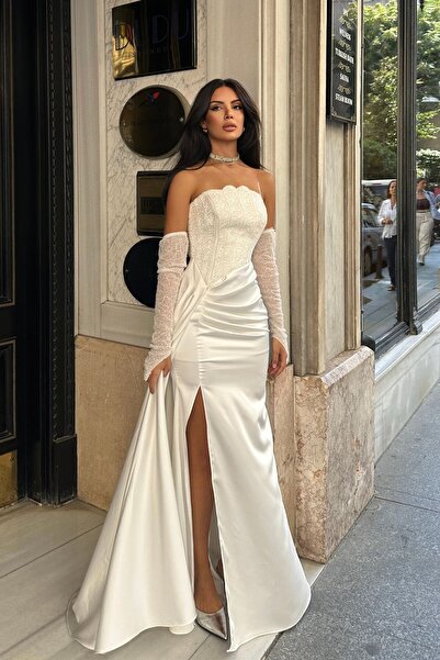 İyem Abiye Kol Ve Üst Detaylı Allerli Saten Şık Tasarım Abiye Elbise Tam Kalıp