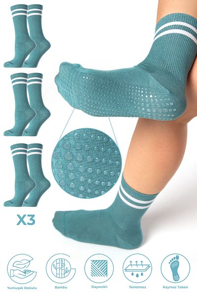 SAYSEZ Bamboo Women - 3-Piece Silicone Printed Pilates Yoga Fitness Ballet Dance Activity Tennis Socks Set