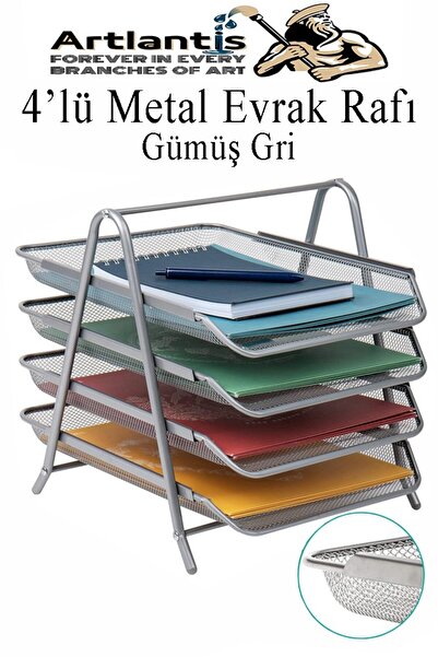 Artlantis Evrak Rafı Metal 4 lü 1 Paket Masa Üstü A4 Dosya Düzenleyici Kağıt Tepsisi Metal Fileli Dört Katlı H