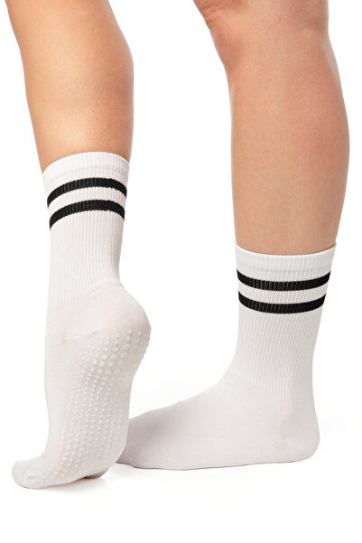 SAYSEZ Women's Bamboo Tennis Socks for Pilates Yoga Fitness Dancing Activity - Anti-Slip Base, Silicone Print / White