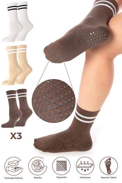 SAYSEZ Bamboo Women - 3-Piece Silicone Printed Pilates Yoga Fitness Ballet Dance Activity Tennis Socks Set