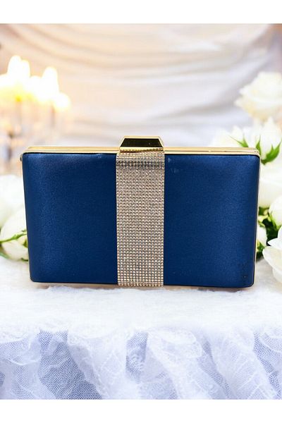 Ahenk Design Тъмносиня сатенена златна дамска вечерна чанта