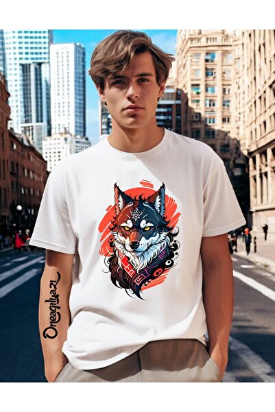 oneagılyazı Мъжка тениска с голям размер с принт на вълк