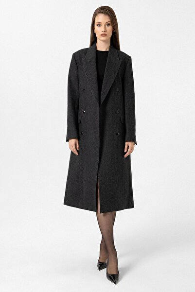 Antioch Anthracite Women's Herringbone Patterned Double Breasted Coat