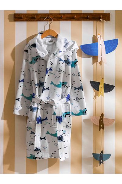 LC Waikiki Lcw Home Mixed Shark Printed Cotton Boy's Bathrobe