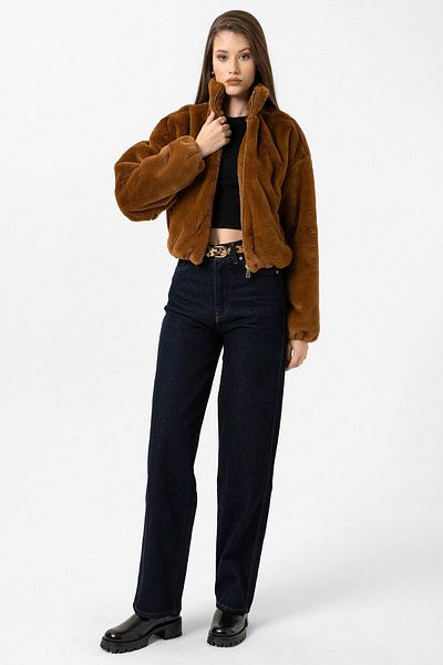 Antioch Brown Women's Faux Fur Coat with Elastic Waist