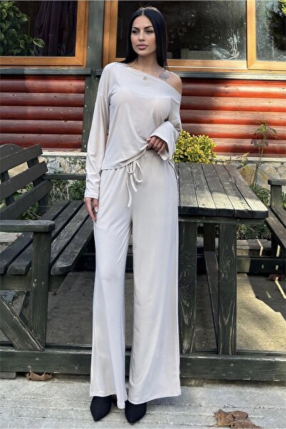 Juuuj بنطال واسع الساق بتفاصيل دانتيل حجري وبلوزة فضفاضة برقبة واسعة - طقم قم...