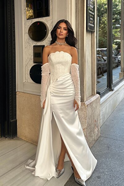 İyem Abiye Kol Ve Üst Detaylı Allerli Saten Şık Tasarım Abiye Elbise Tam Kalıp