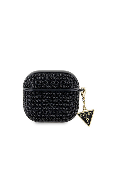 Guess AirPods 4 Case Guess Licensed Full Rhinestone Triangle Logo Ornament Chain Luxury Case Black