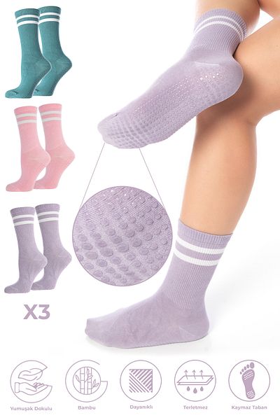 SAYSEZ Bamboo Women - 3-Piece Silicone Printed Pilates Yoga Fitness Ballet Dance Activity Tennis Socks Set