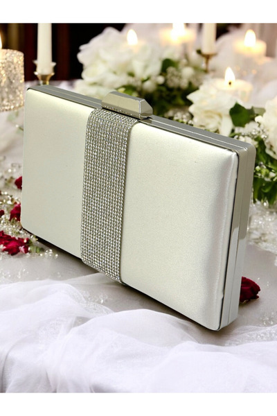 MidStore Culoarea pielii Satin Silver Stone Geanta de seara pentru femei Gean...