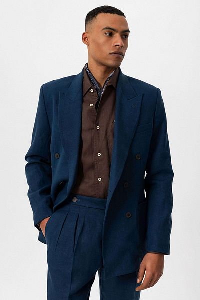 Antioch Indigo 100% Linen Double Breasted Closure Men's Blazer Jacket