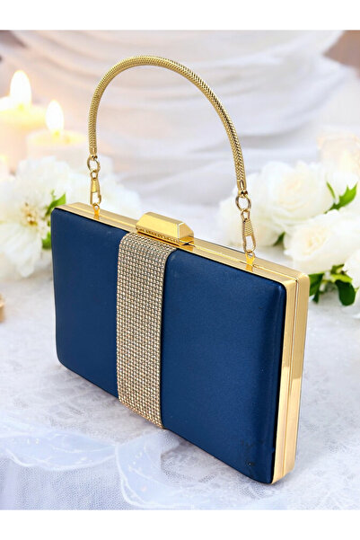 MidStore Чорна атласна сумочка для вечірнього вбрання з рожевим золотом і кам...