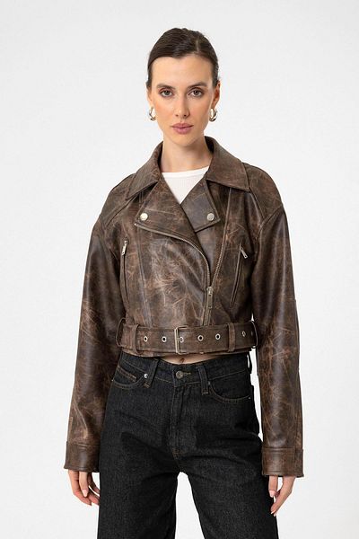 Antioch Brown Women's Faux Leather Crop Biker Jacket
