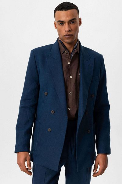 Antioch Indigo 100% Linen Double Breasted Closure Men's Blazer Jacket