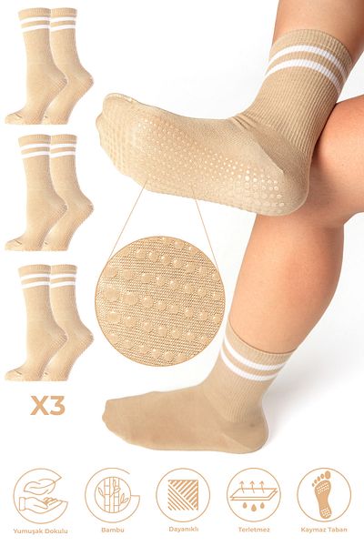 SAYSEZ Bamboo Women - Σετ 3 κάλτσες τένις με στάμπα σιλικόνης Pilates Yoga Fitness Ballet Dance Activity