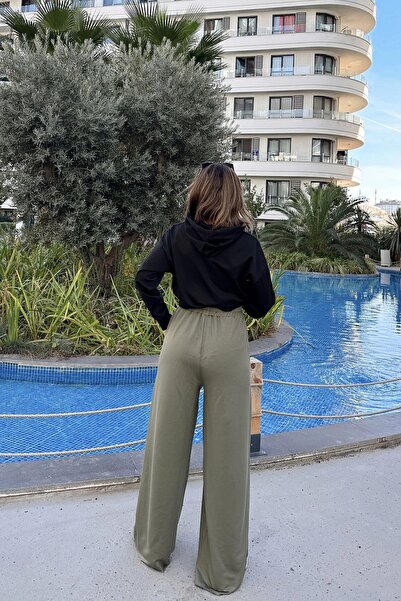 NEW LAVİVA Women's Khaki Elastic Waist, Pocket, Wide Leg, Loose Trousers