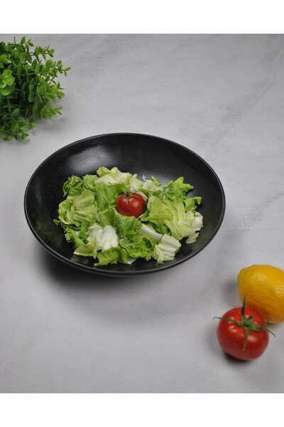 Qualitev 1 Adet Porselen Salata Tabağı 25 Cm Çukur Servis Tabak Sunum Kase- Siyah