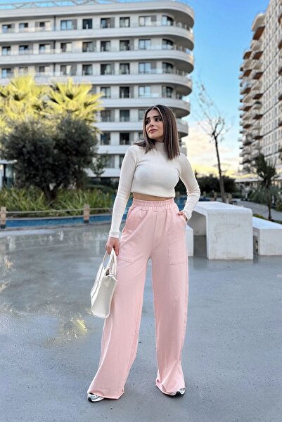 NEW LAVİVA Γυναικεία πούδρα ελαστική μέση, τσέπες, φαρδιά πόδια, φαρδιά παντελόνια