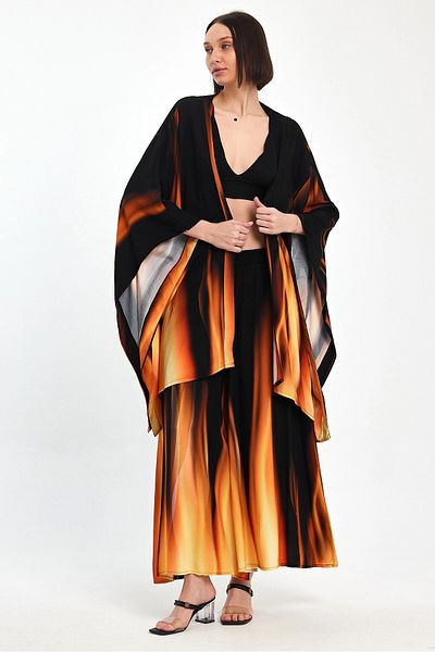 bacc Orange Gradient Print Pants and Kimono Woven Bottom Top Suit Bcvl-24975 Plus Size Comfortable Fit