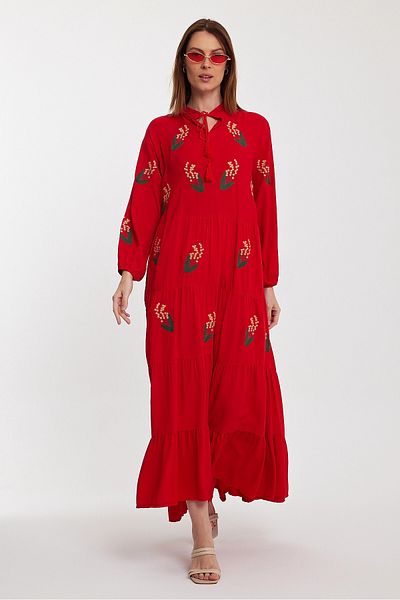 bacc Red Embroidered Long Length Women's Dress - Lace-up Collar and Layer Flounce Bcvl-24926