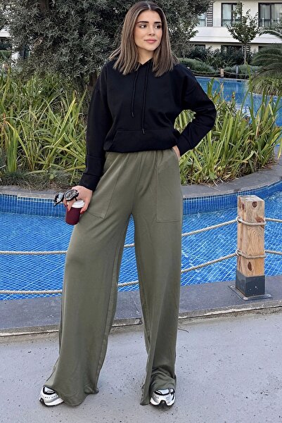 NEW LAVİVA Women's Khaki Elastic Waist, Pocket, Wide Leg, Loose Trousers