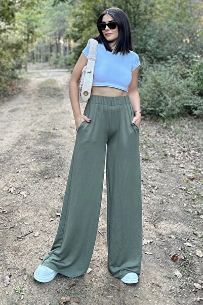 NEW LAVİVA Khaki Elastic High Waist, Pockets, Wide Leg, Loose Trousers