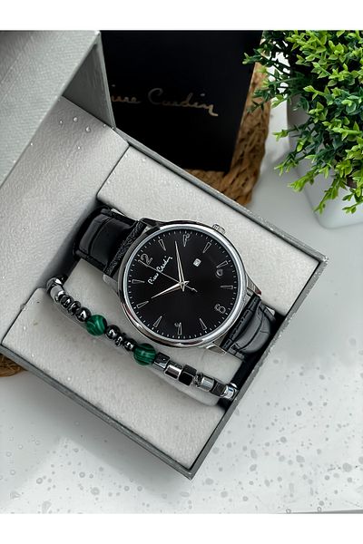 Pierre Cardin New Season Black Color Leather Cord Steel Case Men's Wristwatch with Bracelet Gift Father's Day Gift