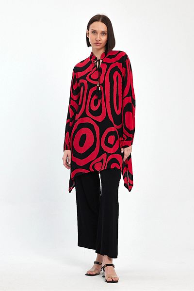 bacc Red Geometric Print Plus Size Casual Pants and Tunic Set - Bcvl- 241017