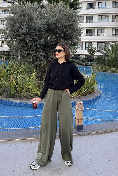 NEW LAVİVA Women's Khaki Elastic Waist, Pocket, Wide Leg, Loose Trousers