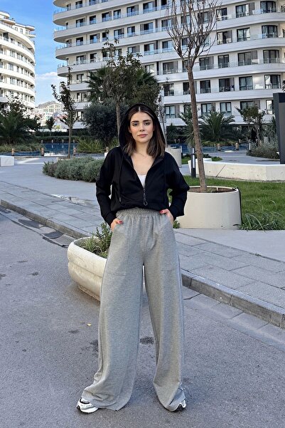 NEW LAVİVA Women's Gray Elastic Waist, Pocket, Wide Leg, Loose Trousers