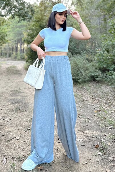 NEW LAVİVA Gray Elastic High Waist, Pockets, Wide Leg, Loose Trousers