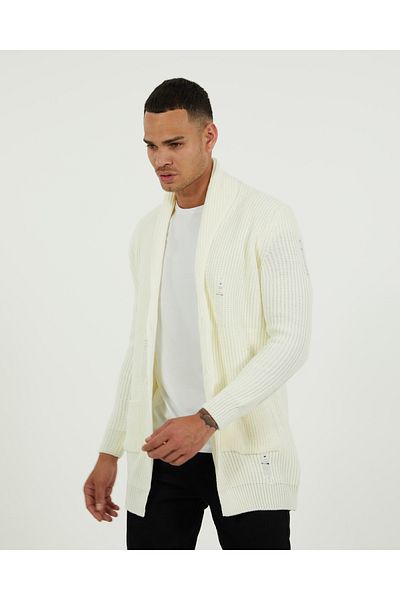 elkumoda Cotton Stylish Design - Knitted Knitwear Cardigan with Shawl Collar, Pockets and Laser Cut Detail