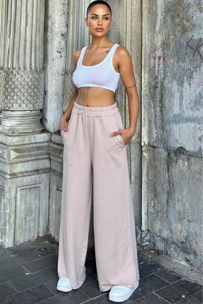 NEW LAVİVA Mink ελαστική μέση, τσέπες, φαρδιά πόδια, φαρδύ παντελόνι