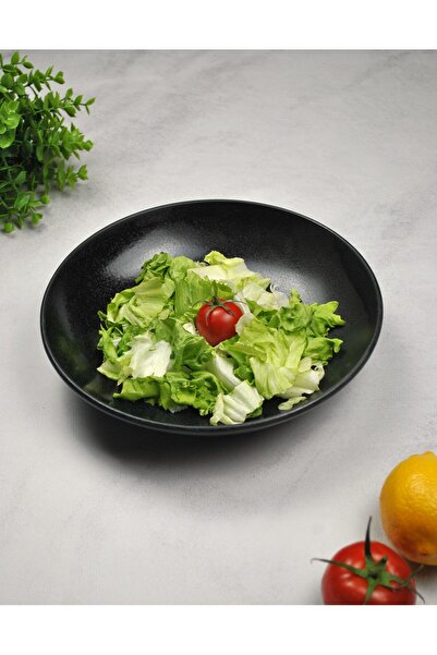 Qualitev 1 Adet Porselen Salata Tabağı 25 Cm Çukur Servis Tabak Sunum Kase- Siyah
