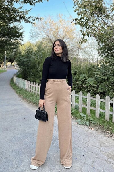 NEW LAVİVA Γυναικεία ελαστική μέση Camel, πλεκτό ύφασμα με τσέπες, φαρδιά πόδια, φαρδύ παντελόνι