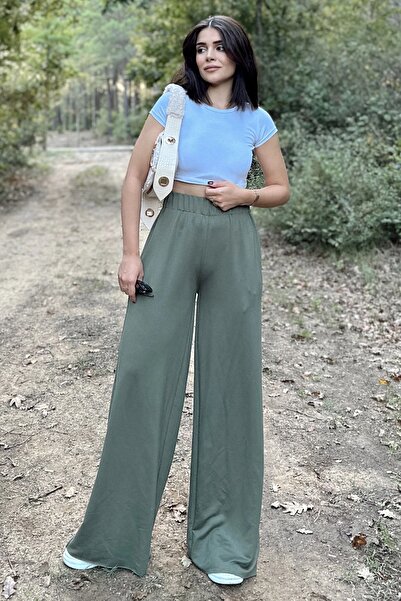 NEW LAVİVA Khaki Elastic High Waist, Pockets, Wide Leg, Loose Trousers