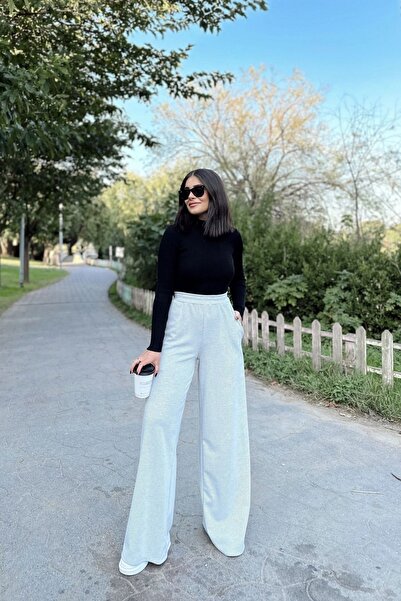 NEW LAVİVA Women's White Elastic Waist, Pocket Knitted Woven Fabric, Wide Leg, Loose Trousers