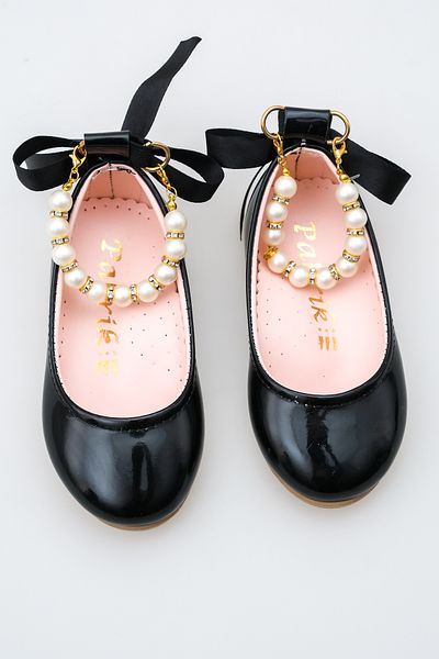 KATEYLER Shiny Black Ankle Pearl Detailed Girls' Ballerinas with Bow Ribbon