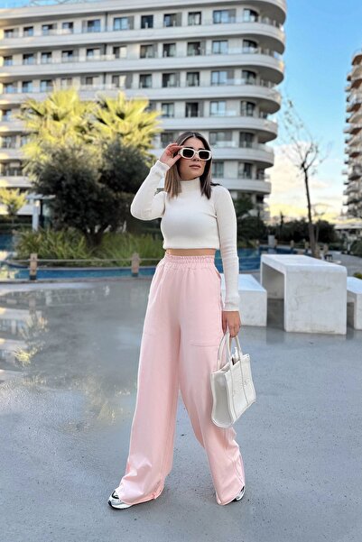 NEW LAVİVA Γυναικεία πούδρα ελαστική μέση, τσέπες, φαρδιά πόδια, φαρδιά παντελόνια