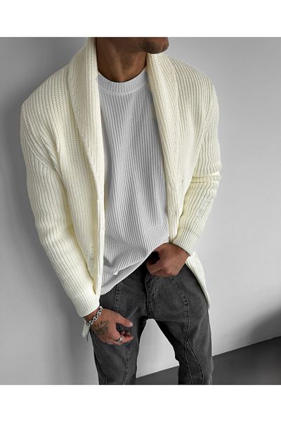 elkumoda Shawl Collar Knit Knitwear Cardigan with Pockets Anti-Pilling Laser Cutting Detailed Stylish and Comfortable Design Cardigan