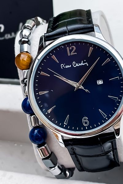Pierre Cardin New Season Black Color Leather Cord Steel Case Men's Wristwatch with Bracelet Gift Father's Day Gift