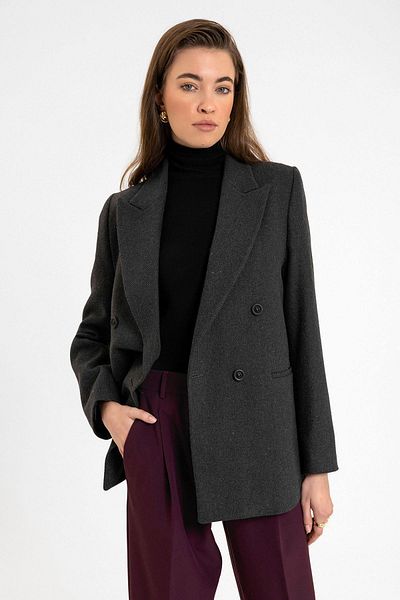 Antioch Anthracite Women's Wool Blended Herringbone Patterned Blazer Jacket Size: S