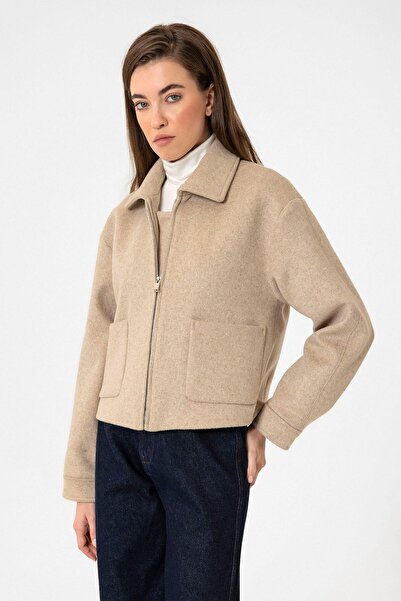 Antioch Jachetă scurtă de lână mixtă bej pentru femei