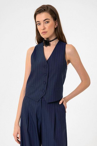 Antioch Navy Blue Women's Striped Button Closure Vest